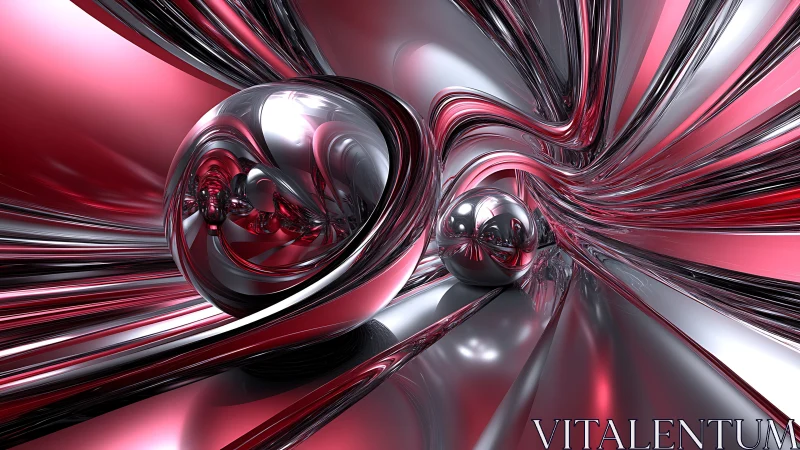 Chrome spheres glide through a crimson metallic vortex