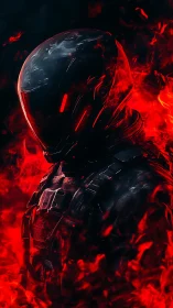 Armored sci fi soldier stands in blazing red inferno haze