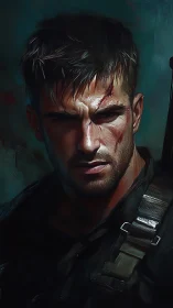 Battleworn hero pauses in moody, painterly shadows.