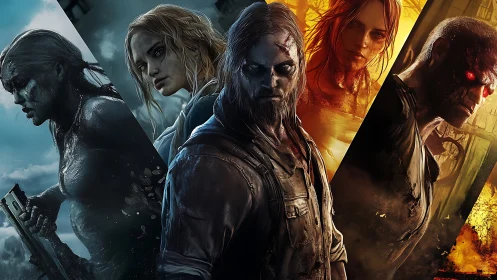 Cinematic quad-panel horror survivors versus demonic entity