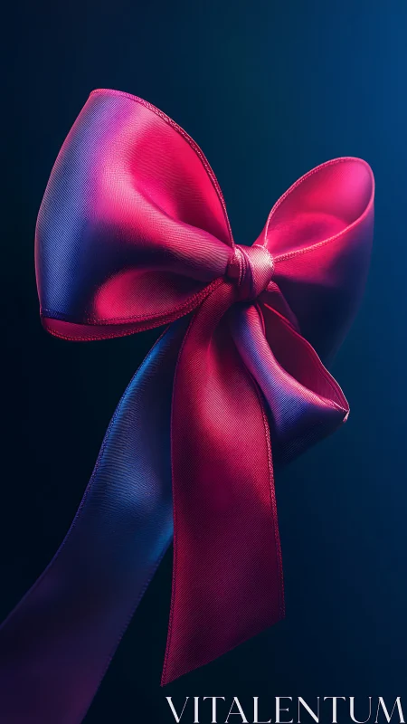 Satin bow macro in magenta and cyan gradient lighting.