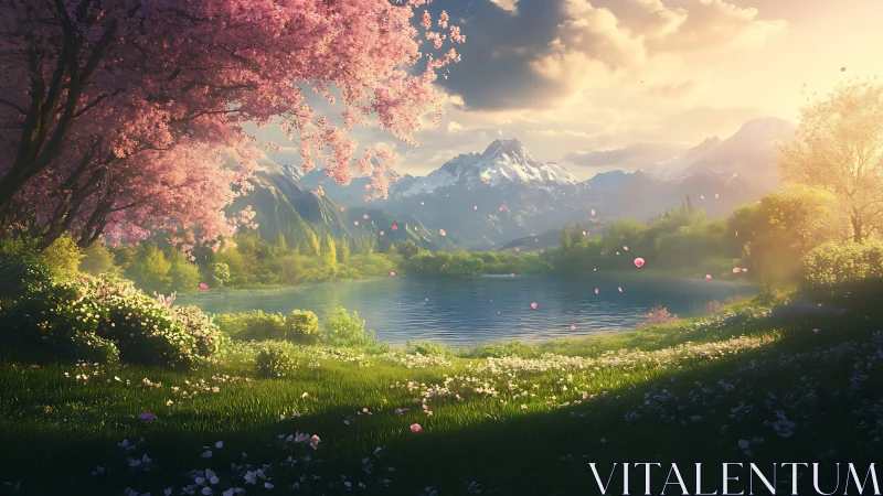 Sunlit cherry blossoms by a quiet mountain lake at spring.