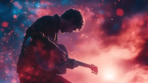 Silhouetted guitarist in bokeh nebula light with warm backlighting