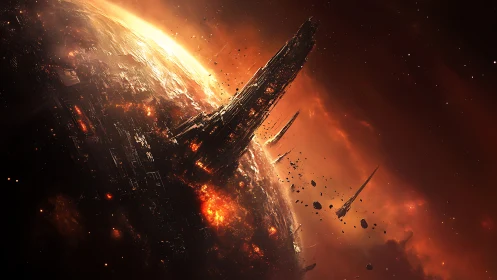 Towering space citadel glows over a burning alien world