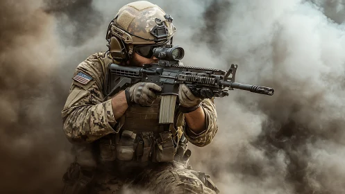 Battle-ready soldier advances through dense smoke and chaos