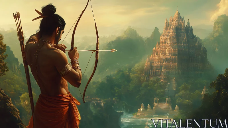 Warrior archer poised before a misty golden temple realm.