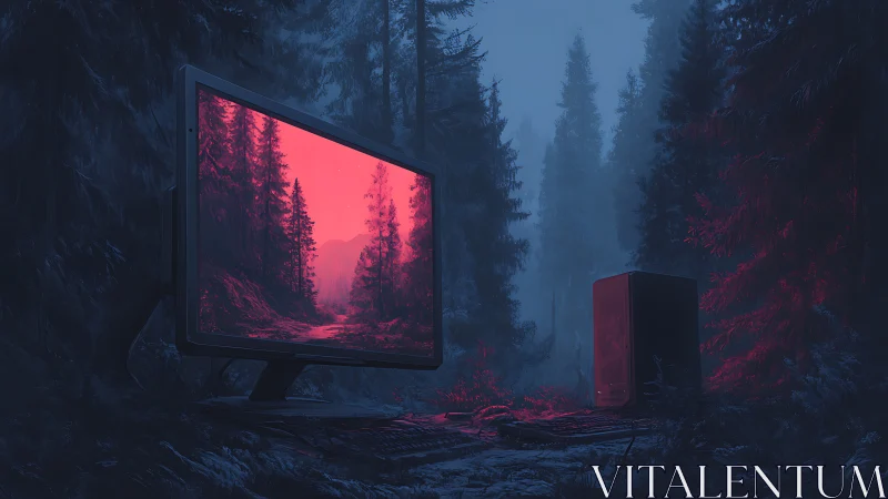 Neon forest PC scene merging digital screen with night woods.