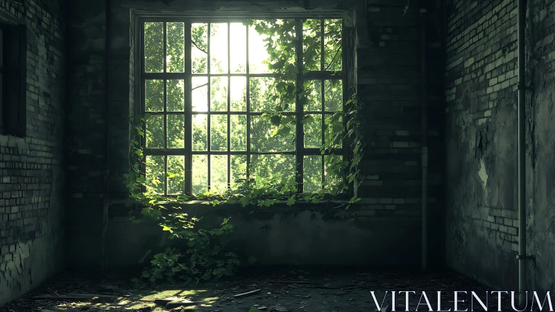 Sunlit ivy reclaims abandoned brick room through tall window