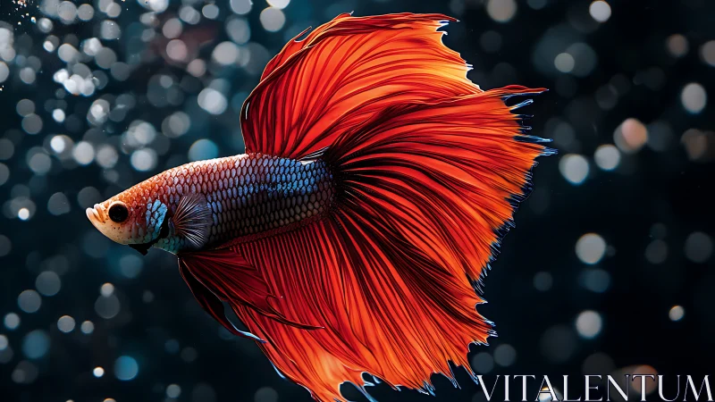 Vibrant betta fish with flowing red fins in bokeh water.