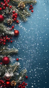 Festive evergreen branches frame red baubles in falling snow.