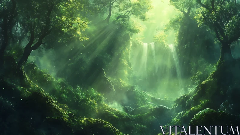 Enchanted Forest Waterfall with Magical Golden Light