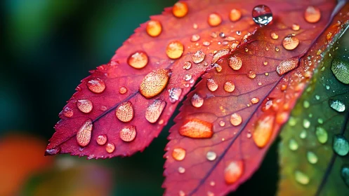 Raindrops sparkling on colorful autumn garden leaves.