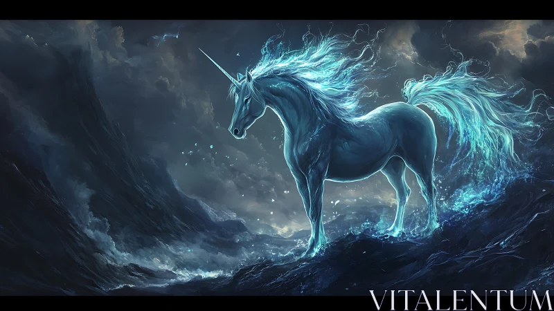 Luminescent unicorn stands defiant in a storm-wracked seascape