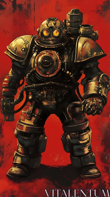 Heavily armored diving suit stands against distressed red backdrop