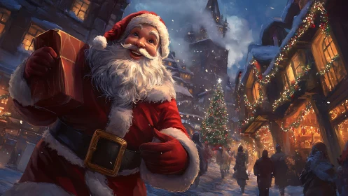 Santa with gift box in illuminated snowy Christmas street