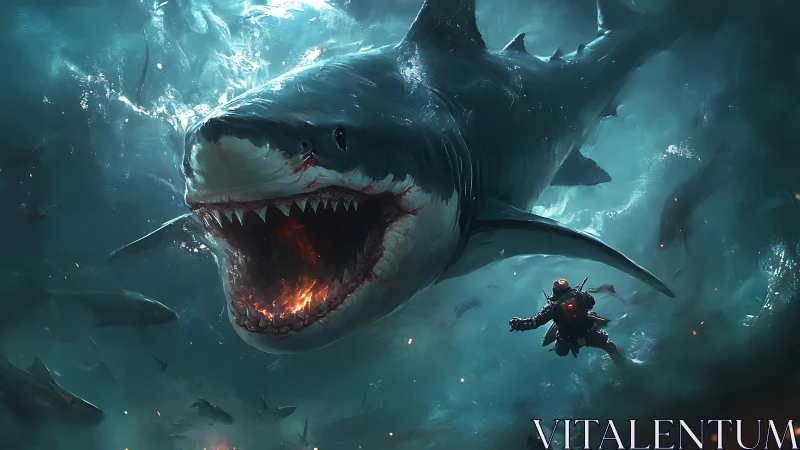 Colossal shark surges toward a lone diver in blazing waters