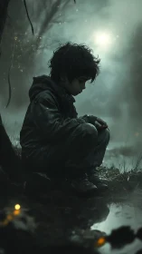 Quiet forest moment with a thoughtful child by moonlit water.