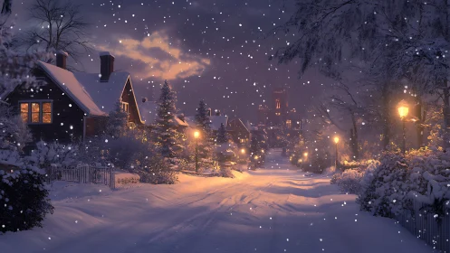 Snow-laden residential street rendered in warm nocturnal lighting