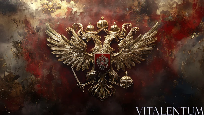 Golden double headed eagle crest on textured backdrop.