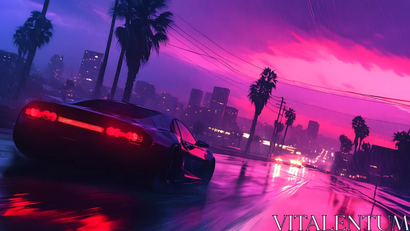 Neon-lit sports car accelerates on rain-soaked boulevard at dusk