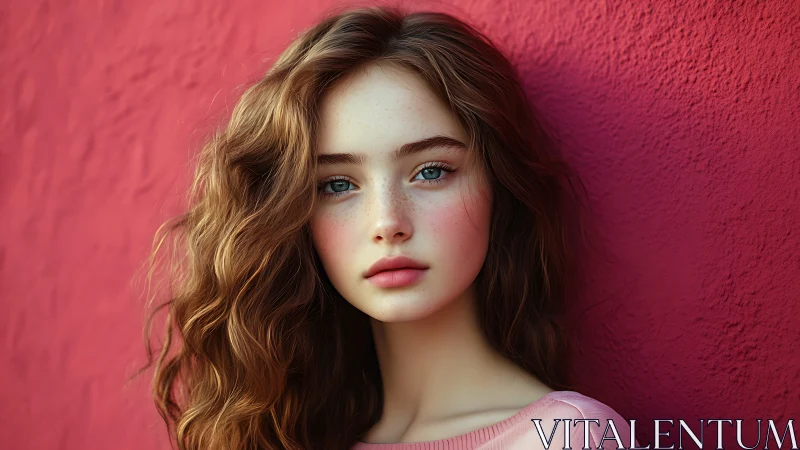 Portrait of young woman against bold pink textured wall.