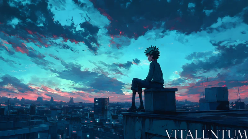 Solitary rooftop observer under cyan-magenta dusk stratocumulus.