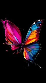 Vibrant paint-splashed butterfly on deep black background.
