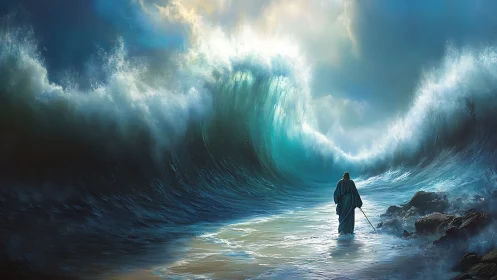 Quiet figure walking through towering parted ocean waves.
