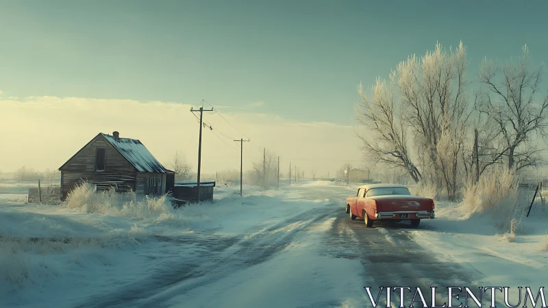 Red vintage car on icy rural road beside frost-covered farmhouse