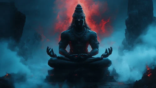 Meditating deity figure in volcanic blue and red mist.
