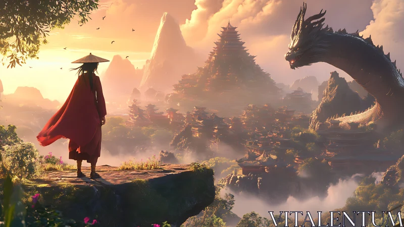 Wanderer confronts colossal dragon above misty valley temple.