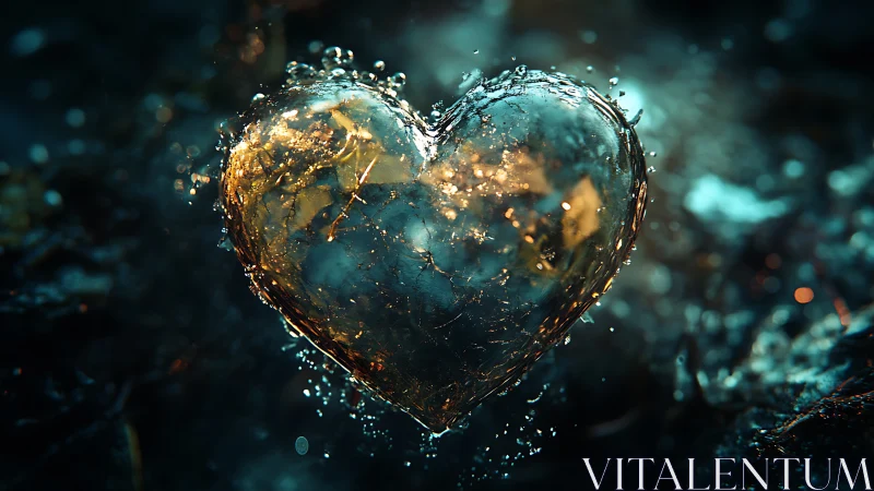 Heart-shaped water droplet with golden light refraction.