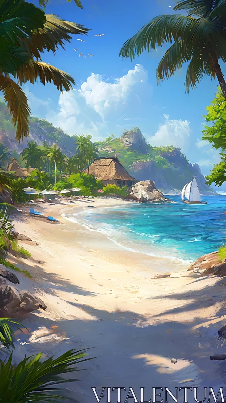 Tropical Coastal Settlement with Sailboat and Mountain Formation.