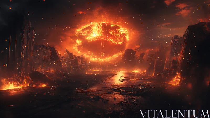 Urban skyline dissolves under large fiery celestial object