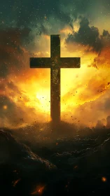 Crucifix silhouette ignites stormy cosmic dawn sky.