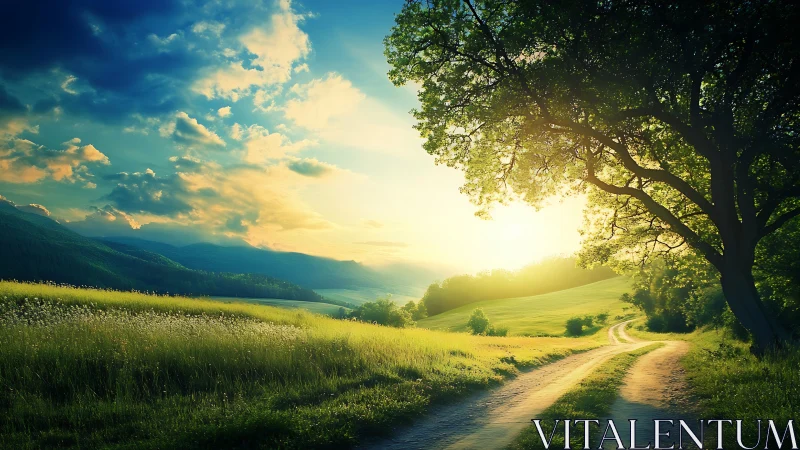 Sun-drunk country lane wandering into a painted horizon.