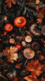 Autumn forest mushrooms glow warmly among fallen leaves