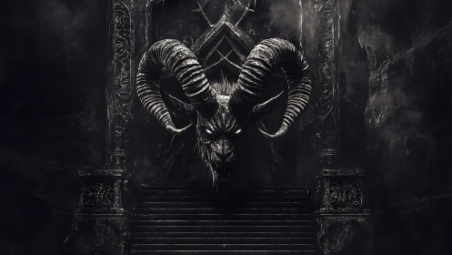 Shadowed horned guardian watching over a haunted gateway.