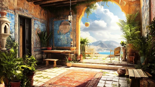 Sunlit Mediterranean courtyard frames coastal bay panorama