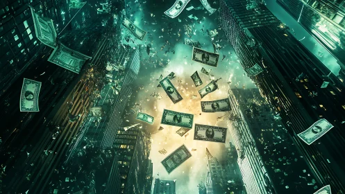 Gravity-defying money storm over neon canyons of commerce.