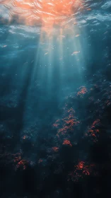Sunlit underwater reef with red coral and scattered fish.
