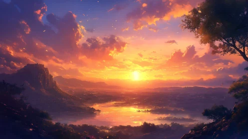 Radiant sunset over river valley and distant mountain range.