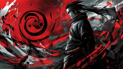 Anime ninja figure with red spiral symbol background.