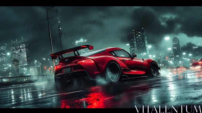 Red widebody tuner coupe drifting in neon-soaked night rain