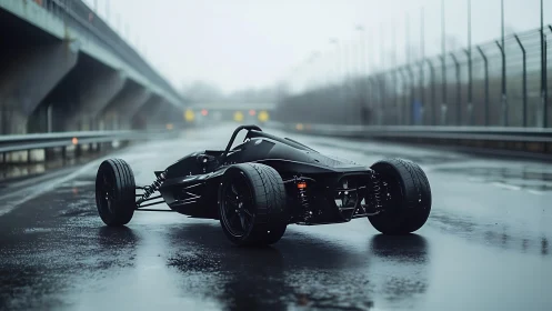Low-slung track car on wet urban roadway, cinematic framing.