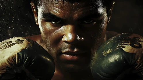 Boxer in Rain. Intense Focus Before Fight.