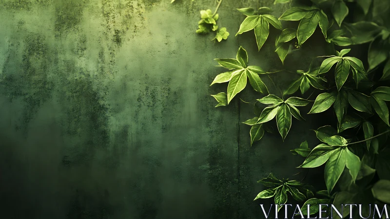 Lush green ivy leaves over textured dark emerald wall.