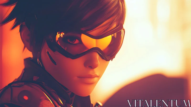 Sunlit cyber hero gazing toward a bright unknown horizon.