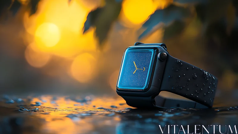 Smartwatch with water droplets rests on reflective wet surface