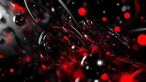 Futuristic abstract black and red 3D shapes with glowing spheres.